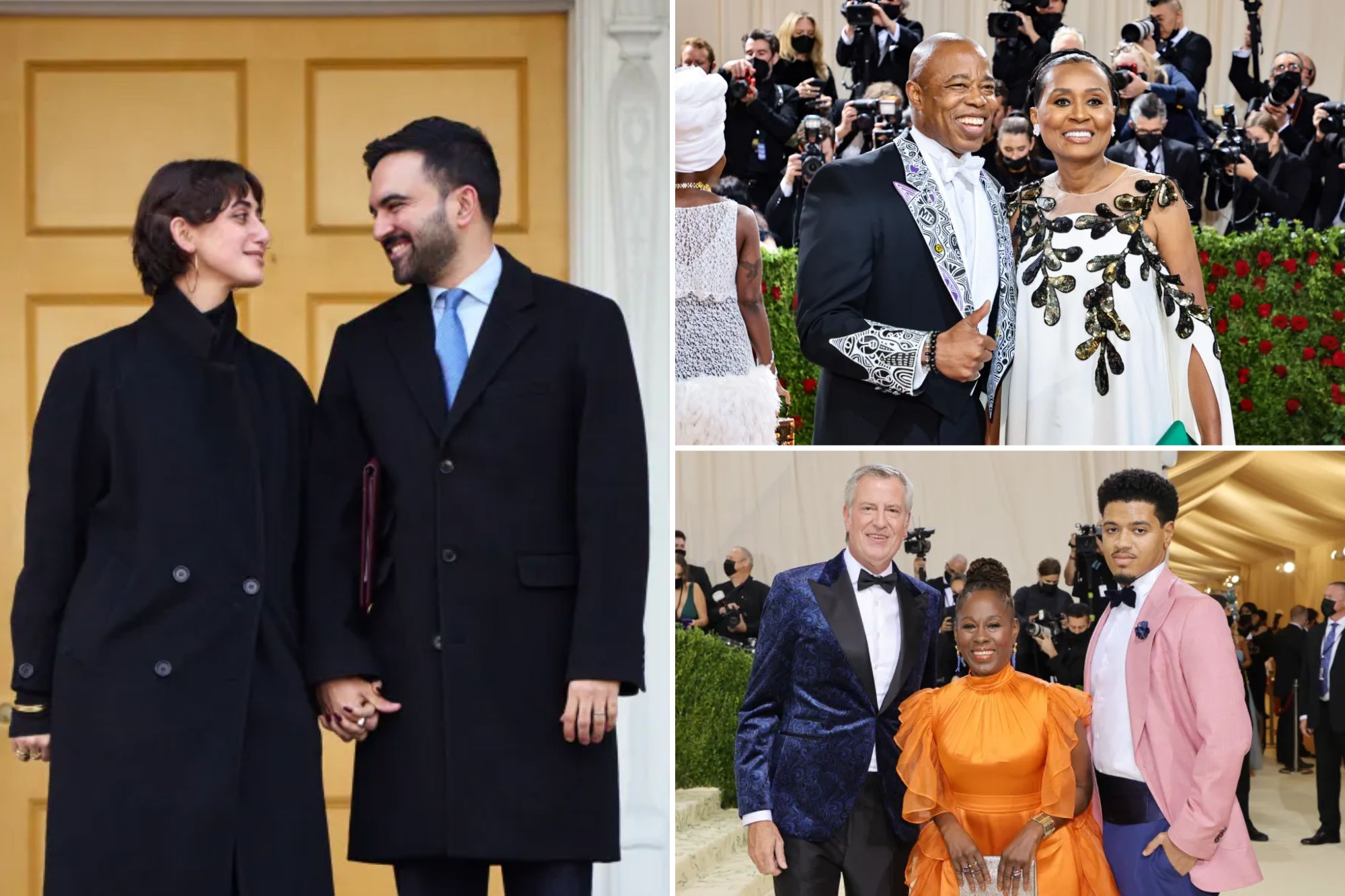 An image collage containing 3 images, Image 1 shows Mayor Zohran Mamdani, in a black coat, blue shirt and blue tie, and his wife, First Lady Rama Duwaji, in a black coat, holding hands outside Gracie Mansion, Image 2 shows New York City Mayor Eric Adams, in a black jacket with white embroidery, and Tracey Collins, in a white dress with gold embroidery, attend the Met Gala, Image 3 shows Bill de Blasio, in a blue tuxedo jacket, black bow tie, white shirt, black pants, Chirlane McCray, in an orange gown, and Dante de Blasio, in a light pink jacket, white shirt, black bow tie and blue pants, attend the Met Gala in formal attire